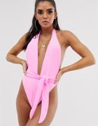 Asos Design Tie Front High Leg Swimsuit In Pink Towelling - Pink