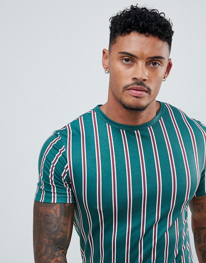 River Island Muscle Fit T-shirt In Green And Red Stripe - Green