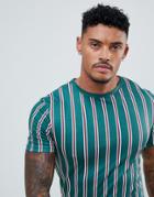 River Island Muscle Fit T-shirt In Green And Red Stripe - Green