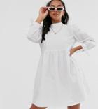 Asos Design Petite High Neck Mini Smock Dress With Pin Tucks And Tie Sleeves-white