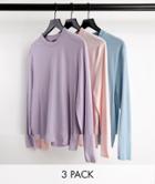 Asos Design 3 Pack Long Sleeve T-shirt With Crew Neck-multi