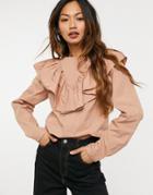 Asos Design Long Sleeve Cotton Top With Ruffle Front In Tan-brown