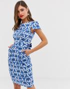 Closet London Cap Sleeve Wiggle Dress In Blue Jewel Print - Multi