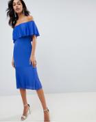 Asos Design Pleated Bardot Fishtail Midi Dress - Blue