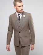 Gianni Feraud Heritage Check Pow Slim Fit Suit Jacket With Cream Floral Lapel Pin - Brown