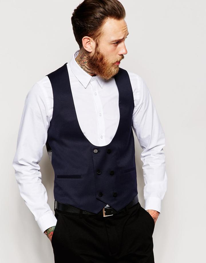 Asos Slim Vest In Half Moon Shape - Navy