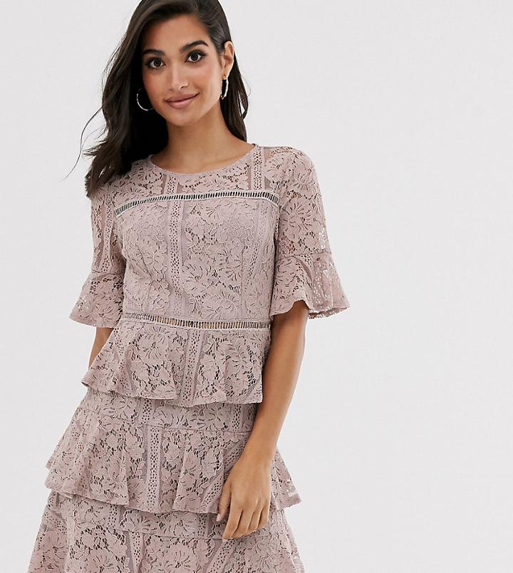 Little Mistress Petite Lace Frill Mini Dress With Laddeting Insert In Mink-pink