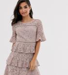 Little Mistress Petite Lace Frill Mini Dress With Laddeting Insert In Mink-pink