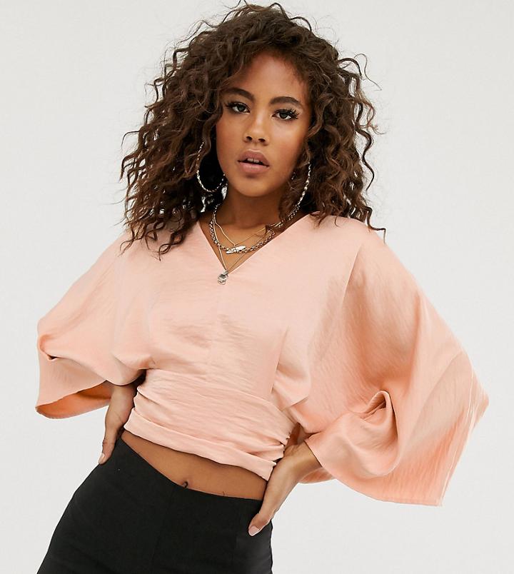 Asos Design Tall Plunge Top With Kimono Sleeve - White