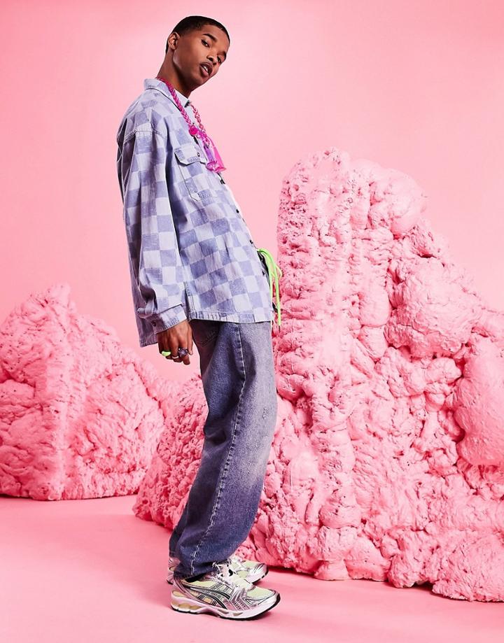 Asos Design 90s Oversized Shirt In Bleachwash Checkerboard Print-blue
