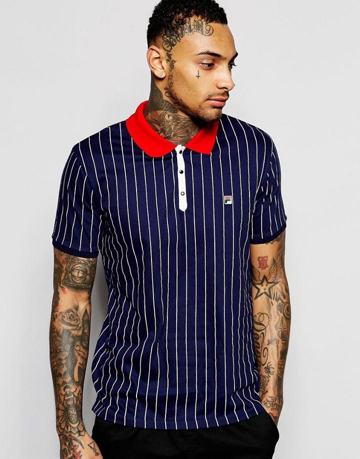 Fila Vintage Polo Shirt In Pinstripe - Navy