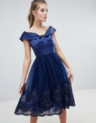 Chi Chi London Off Shoulder Midi Dress With Bow Front And Premium Lace Detail - Navy