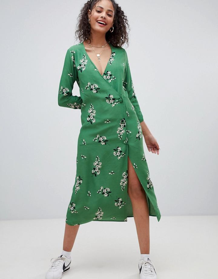 Nobody's Child Long Sleeved Midi Dress With Button Up Detail - Green