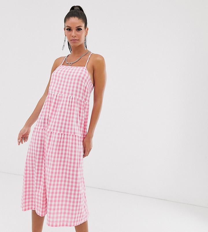 Collusion Tall Tiered Cami Smock Midi Dress In Gingham Seersucker-pink