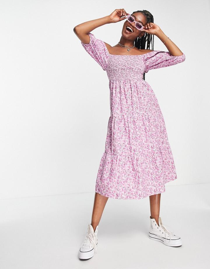 Influence Puff Sleeve Shirred Midi Dress In Purple Floral-multi