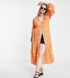 Violet Romance Plus Button Front Kimono In Orange Paisley Print