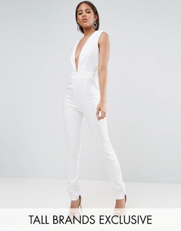 Naanaa Tall Plunge Neck Tailored Jumpsuit - White