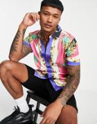 Asos Design Satin Base Border Print Shirt In Multi