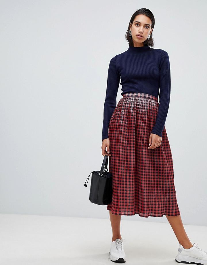 Asos Design Metallic Check Pleat Midi Skirt-red