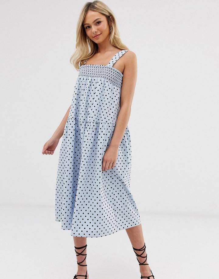 Asos Design Trapeze Midi Cotton Sundress In Polka Dot-multi