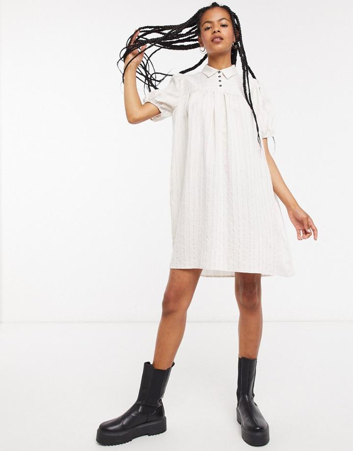 Noisy May Smock Shirt Dress In Cream Pinstripe-white