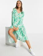 Asos Design V Neck Long Sleeve Frill Detail Midi Dress In 70s Green Floral Print
