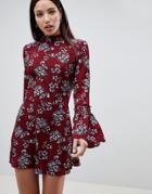 Ax Paris High Neck Floral Dress With Ruched Sleeve Detail - Red