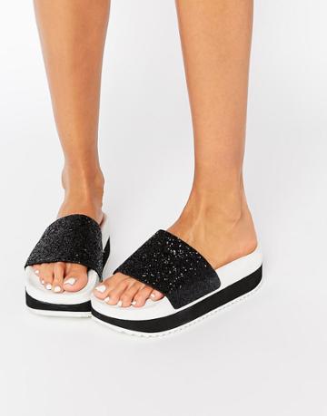 Thewhitebrand Monochrome Glitter Flatform Slider Sandals - White