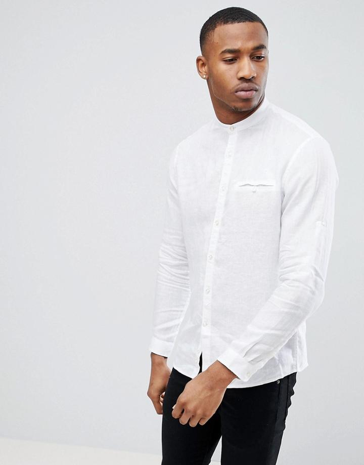 Celio Long Sleeve Shirt With Grandad Collar In White - White