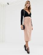 Asos Design High Waist Midi Skirt With Tie-pink