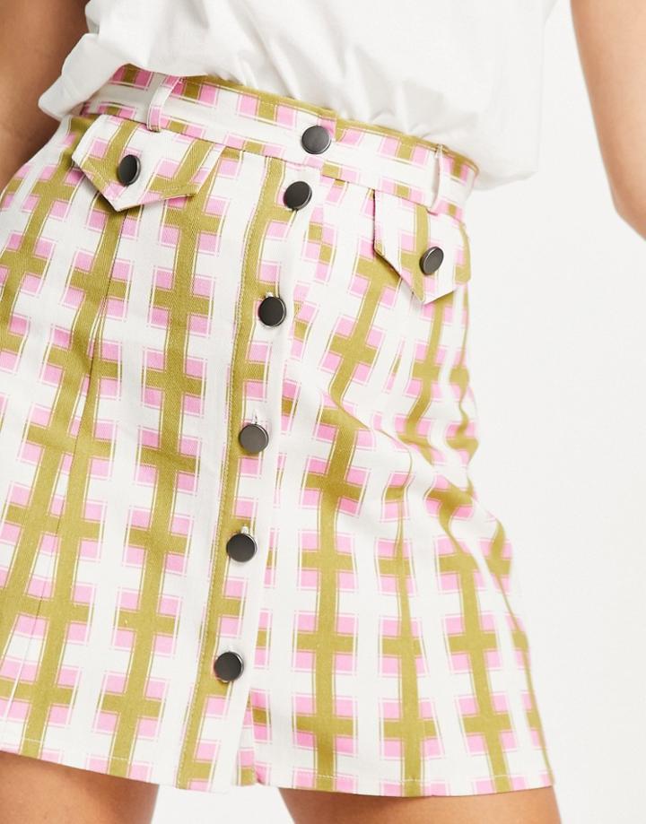Asos Design Button Through Mini Skirt In Geo Print-multi