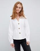 Asos Design V Neck Button Through Long Sleeve Top With Pleat Detail-white