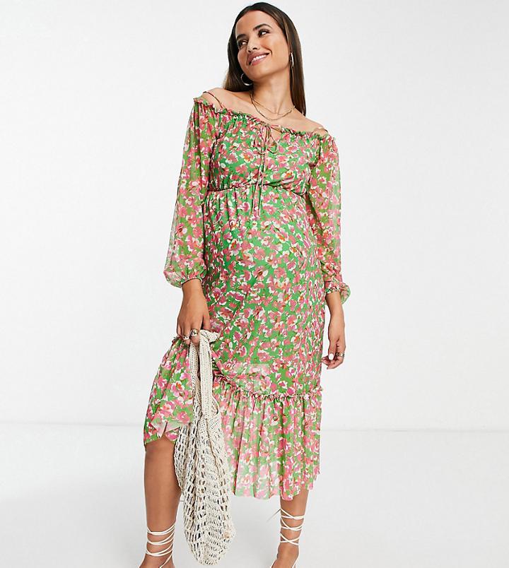 River Island Maternity Bardot Midi Dress In Green Floral