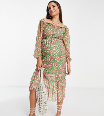 River Island Maternity Bardot Midi Dress In Green Floral