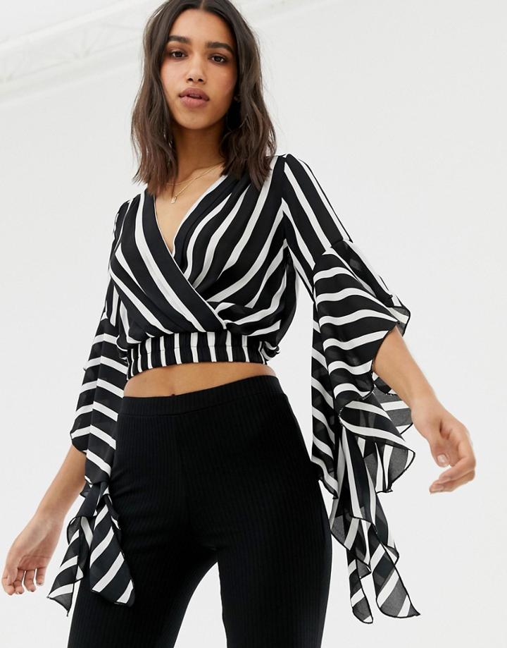 Love Ruffle Sleeve Striped Crop Top - Black