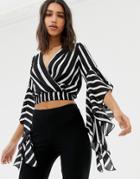 Love Ruffle Sleeve Striped Crop Top - Black