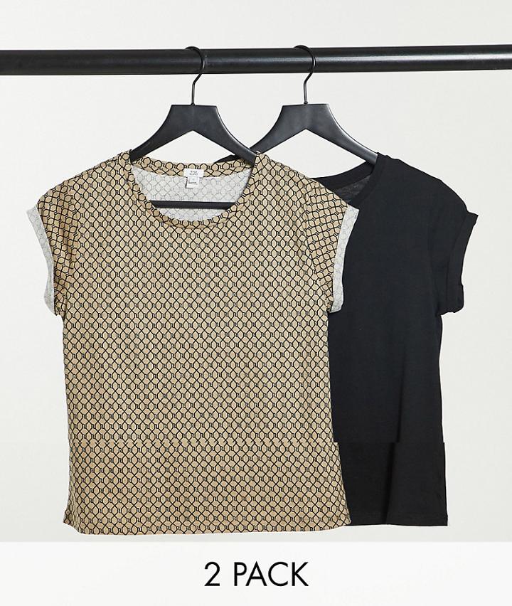 River Island 2 Pack Of T-shirts In Monogram Brown And Black-multi