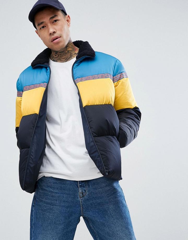 Asos Puffer Jacket With Taping And Color Block - Blue