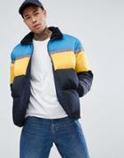 Asos Puffer Jacket With Taping And Color Block - Blue