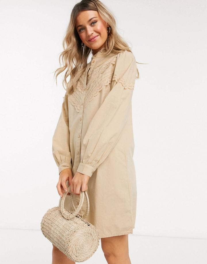 Pieces Poplin Shirt Dress With Lace Detail In Beige-white