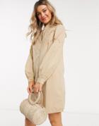 Pieces Poplin Shirt Dress With Lace Detail In Beige-white