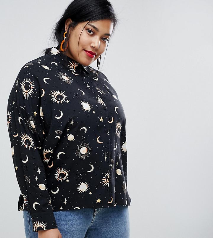 Asos Design Curve Cropped Shirt In Moon And Star Print - Multi
