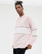 Asos Design Organic Oversized Longline Long Sleeve T-shirt With Color Block And Piping In Pink