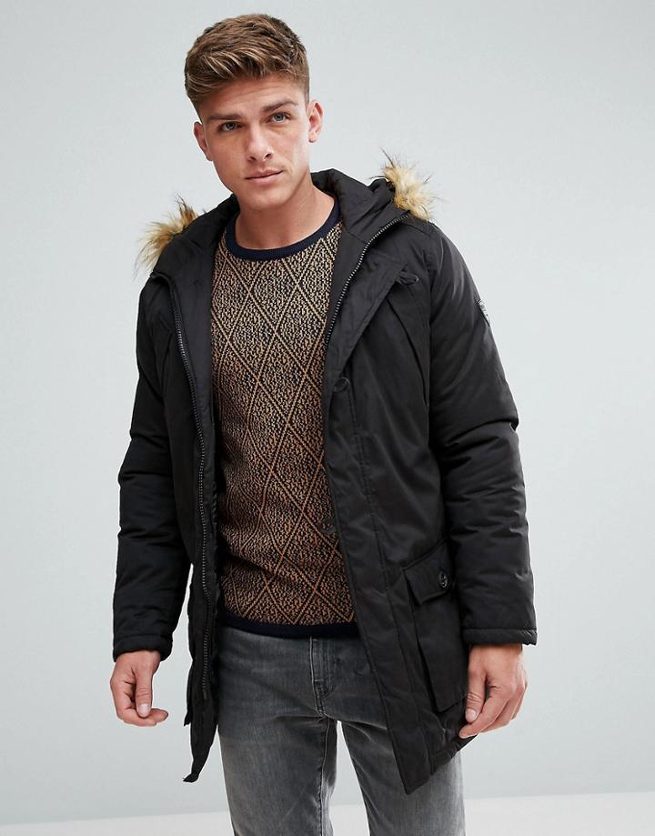 Solid Arctic Parka With Faux Fur Lined Hood - Black