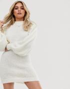 Asos Design Petite Mini Sweater Dress In Lofty Yarn With Volume Sleeve-cream