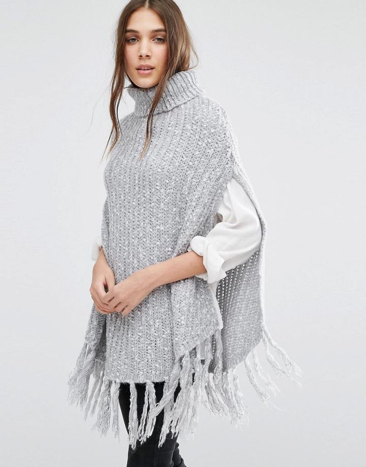 Stitch & Pieces Chunky Knit Poncho In Gray Marl Fleck - Gray