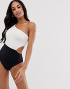 Seafolly One Shoulder Swimsuit In Black And White Color Block-multi