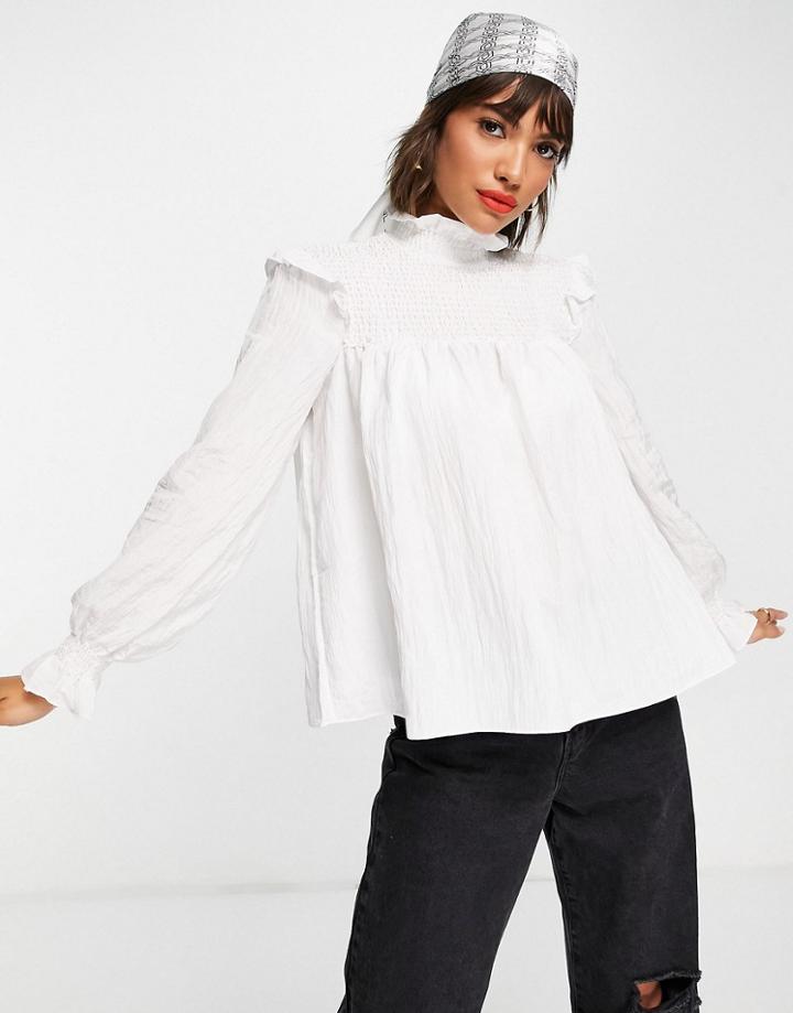 French Connection Boza Smock Blouse With High Neck And Puff Sleeves In Crisp White