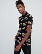 Asos Design Polo With All Over Leopard Print - Black
