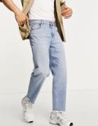 Asos Design Relaxed Tapered Jeans In 'less Thirsty' Light Wash With Raw Hem-blues